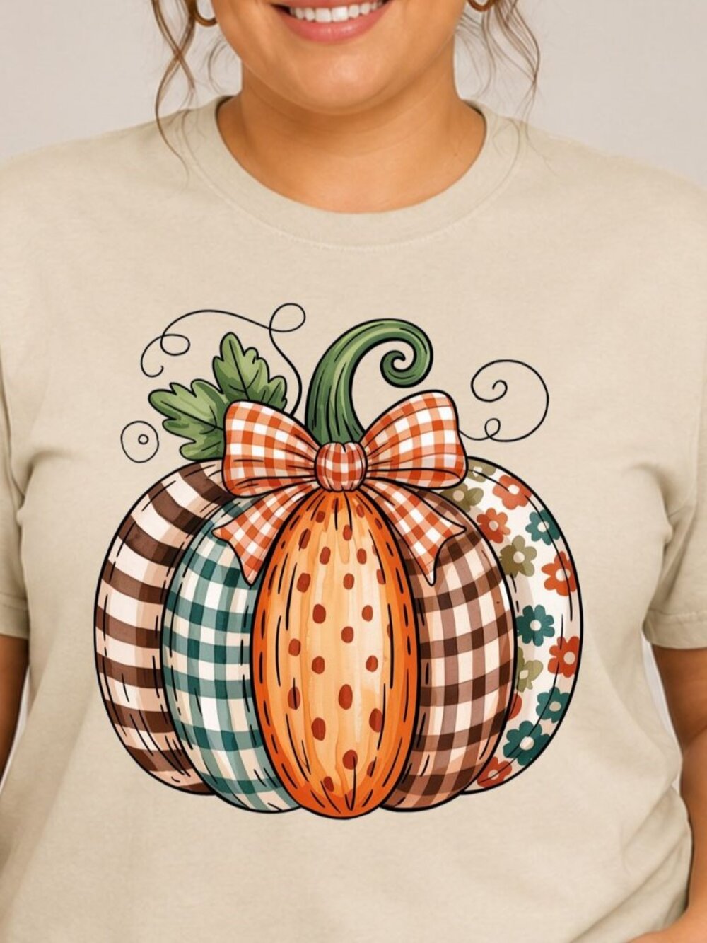 Patchwork Pumpkin Fall Graphic T-Shirt Sand Size 2XL